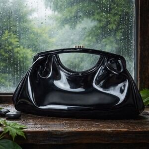 VTG Ann Taylor LOFT Black Patent Leather Clutch Structured Top Handle Bag